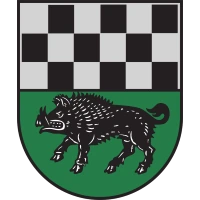 Stadtwappen von Kirchheimbolanden mit dreireihigem silber-schwarzem Schachmuster über einem schwarzen Eber auf grünem Grund